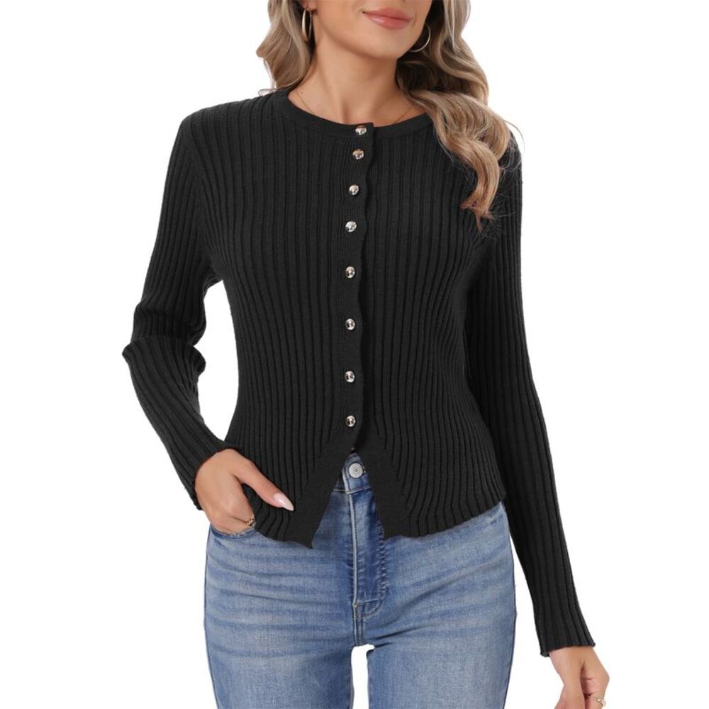 Women's Button Down Knit Sweaters Cropped Cardigan Fall Top Black